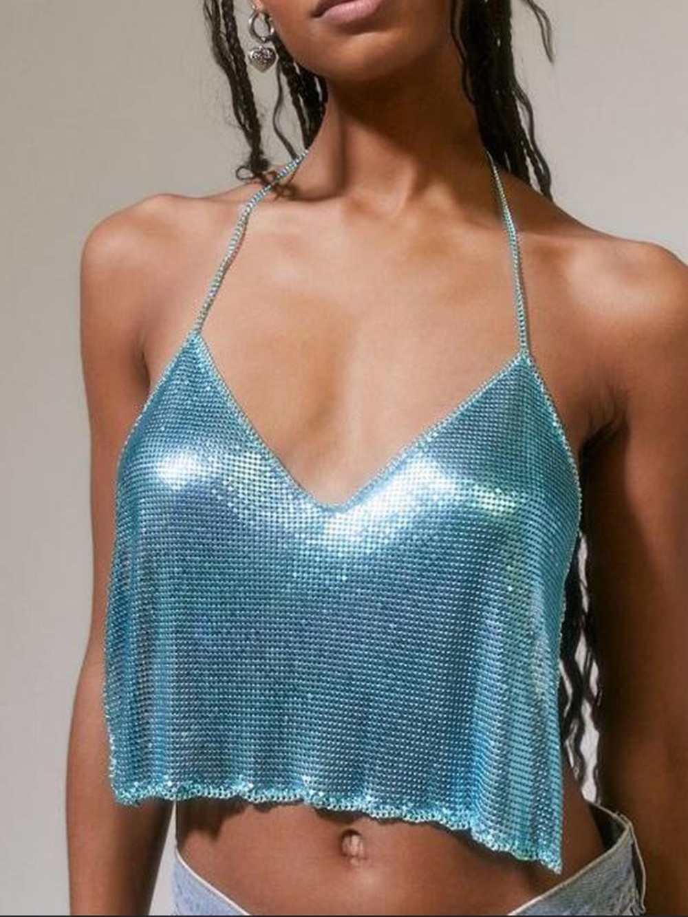 Urban Outfitters Shimmery Aqua Blue Halter Sequin Crop Top